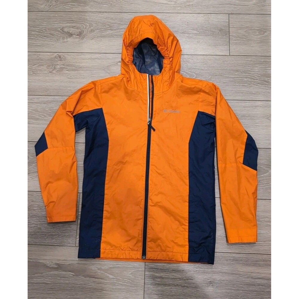 COLUMBIA RAIN JACKET HOODED Kids WINDBREAKER ORANGE/BLACK  LOGO  SIZE L 14-16